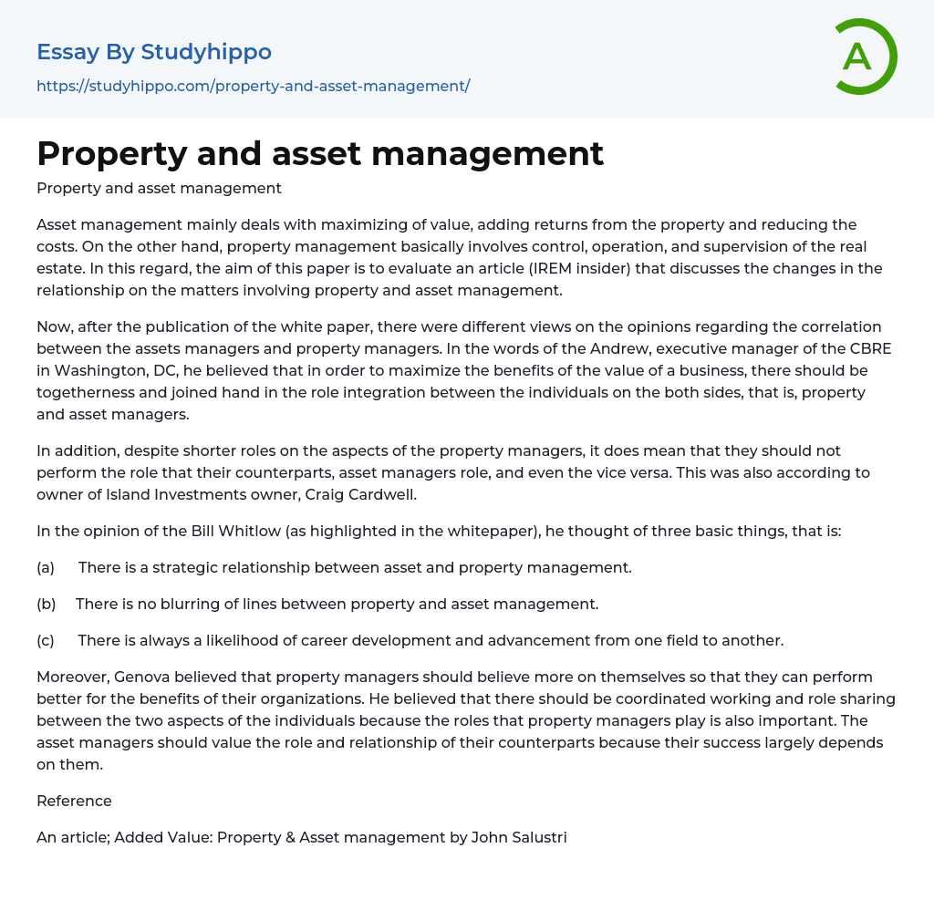 Property and asset management Essay Example