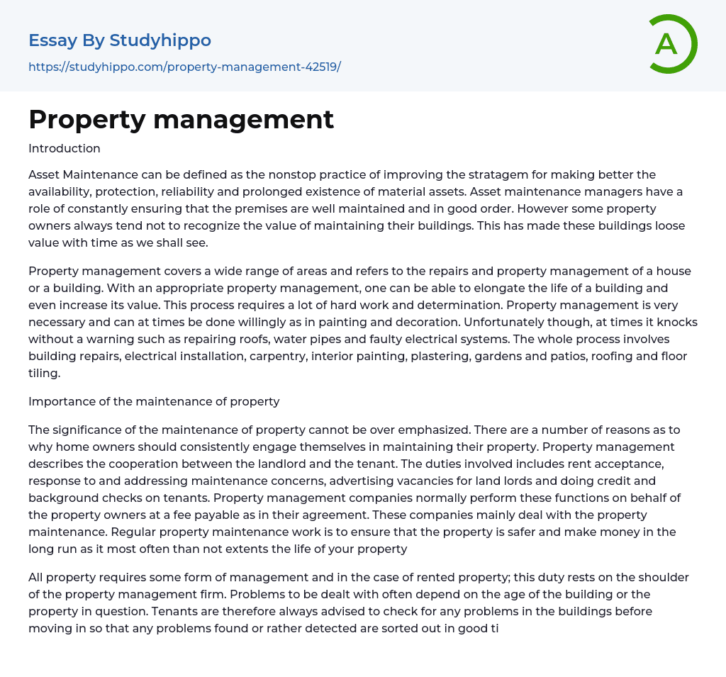 Property management Essay Example
