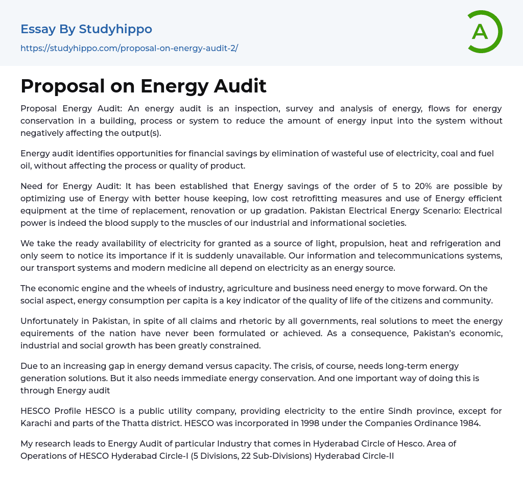 Proposal on Energy Audit Essay Example