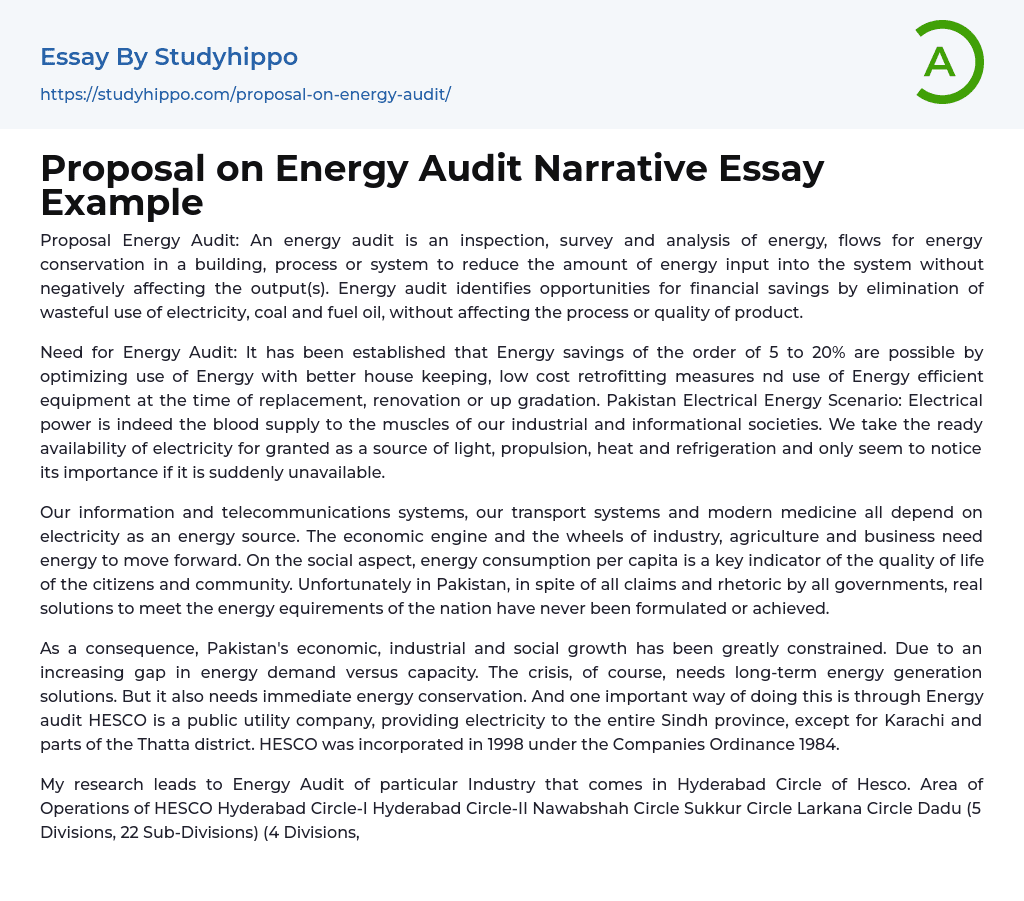 Proposal on Energy Audit Narrative Essay Example
