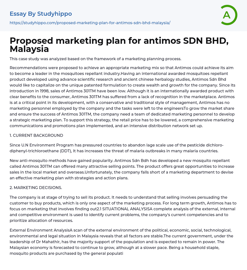 Proposed marketing plan for antimos SDN BHD, Malaysia Essay Example