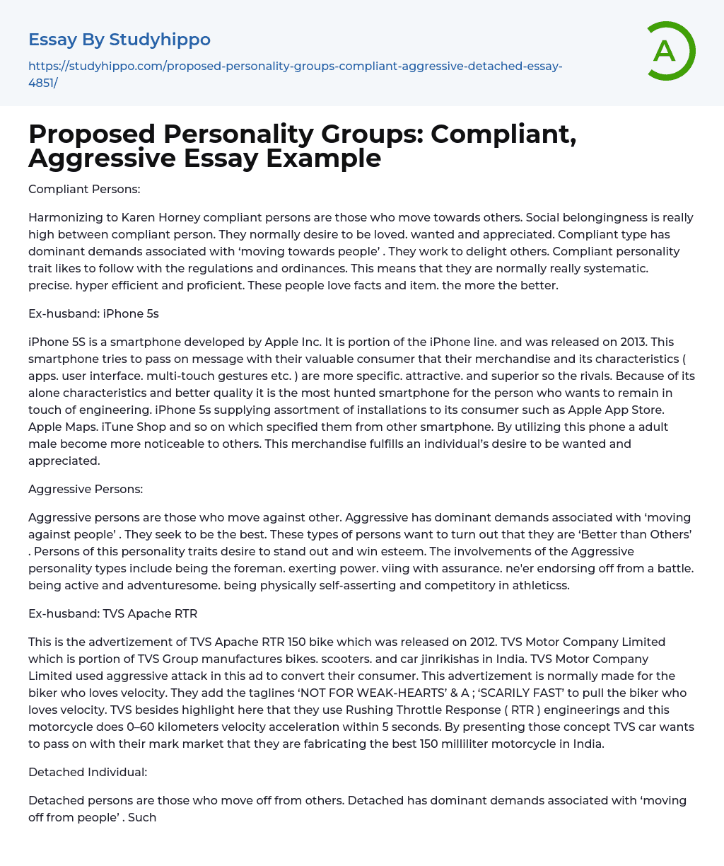 Proposed Personality Groups: Compliant, Aggressive Essay Example