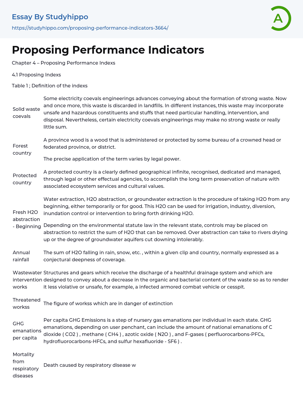 Proposing Performance Indicators Essay Example