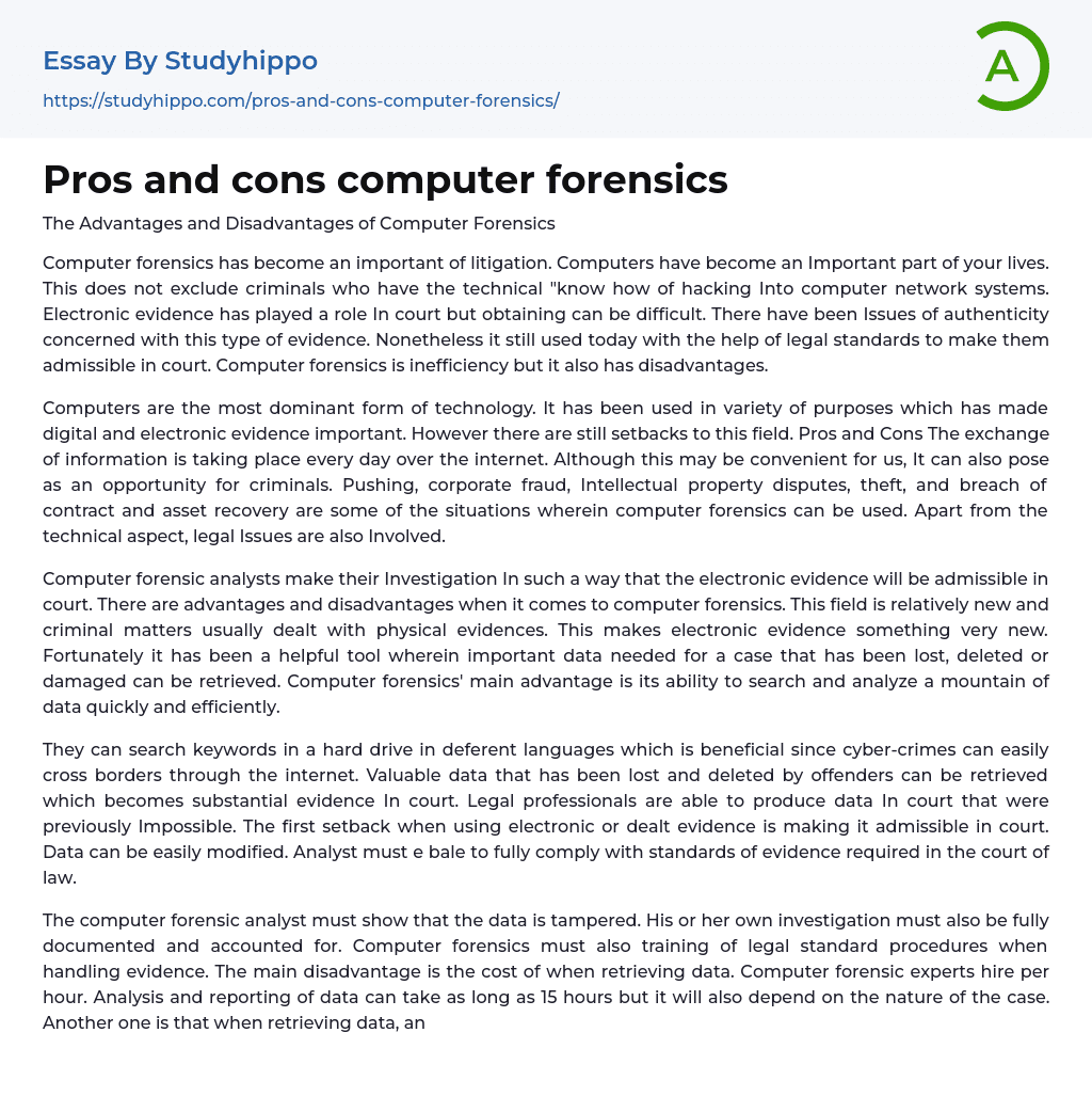 Pros and cons computer forensics Essay Example