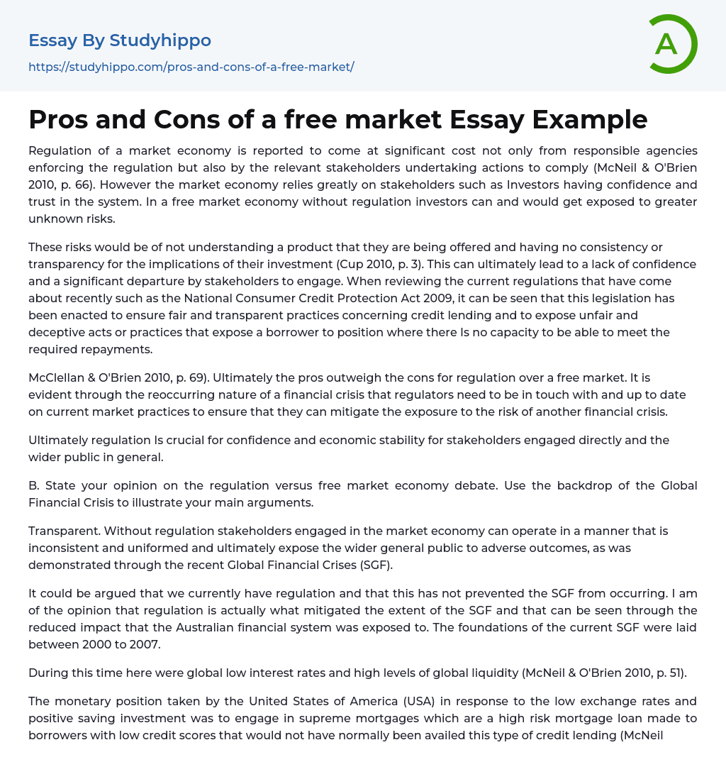 Pros and Cons of a free market Essay Example