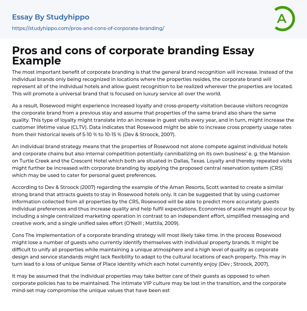 Pros and cons of corporate branding Essay Example