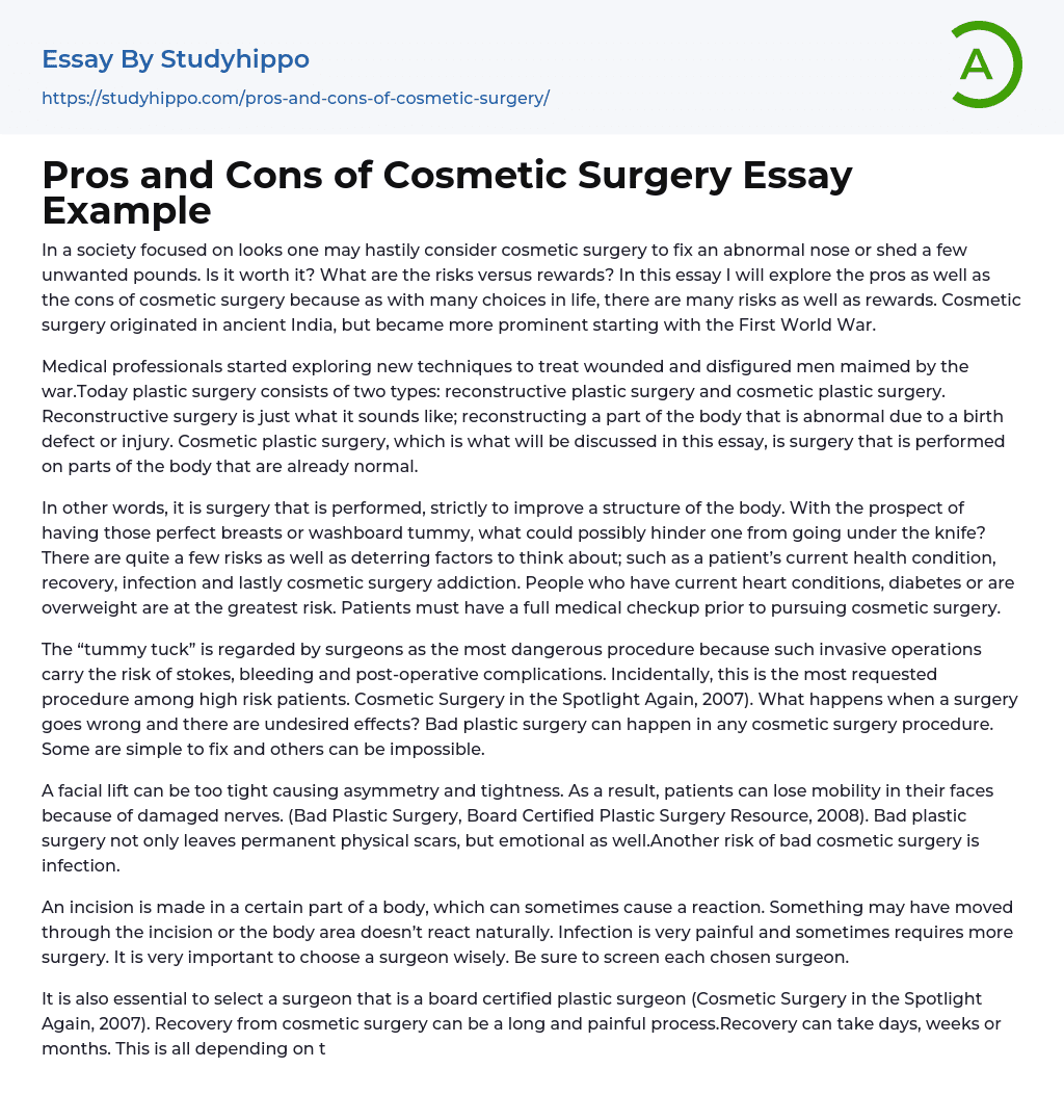 Pros and Cons of Cosmetic Surgery Essay Example