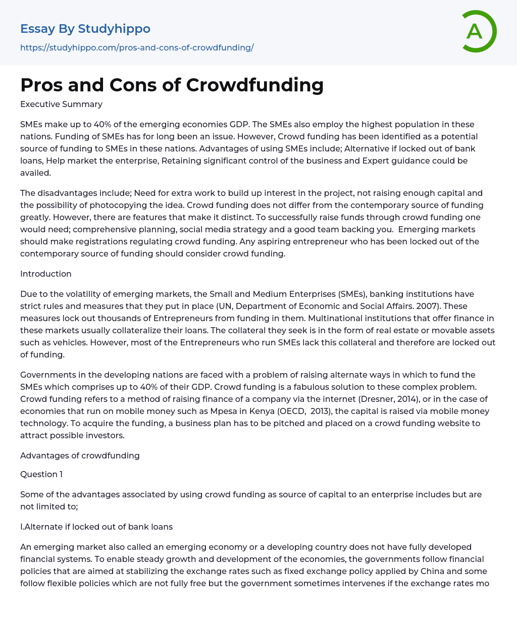 Pros and Cons of Crowdfunding Essay Example
