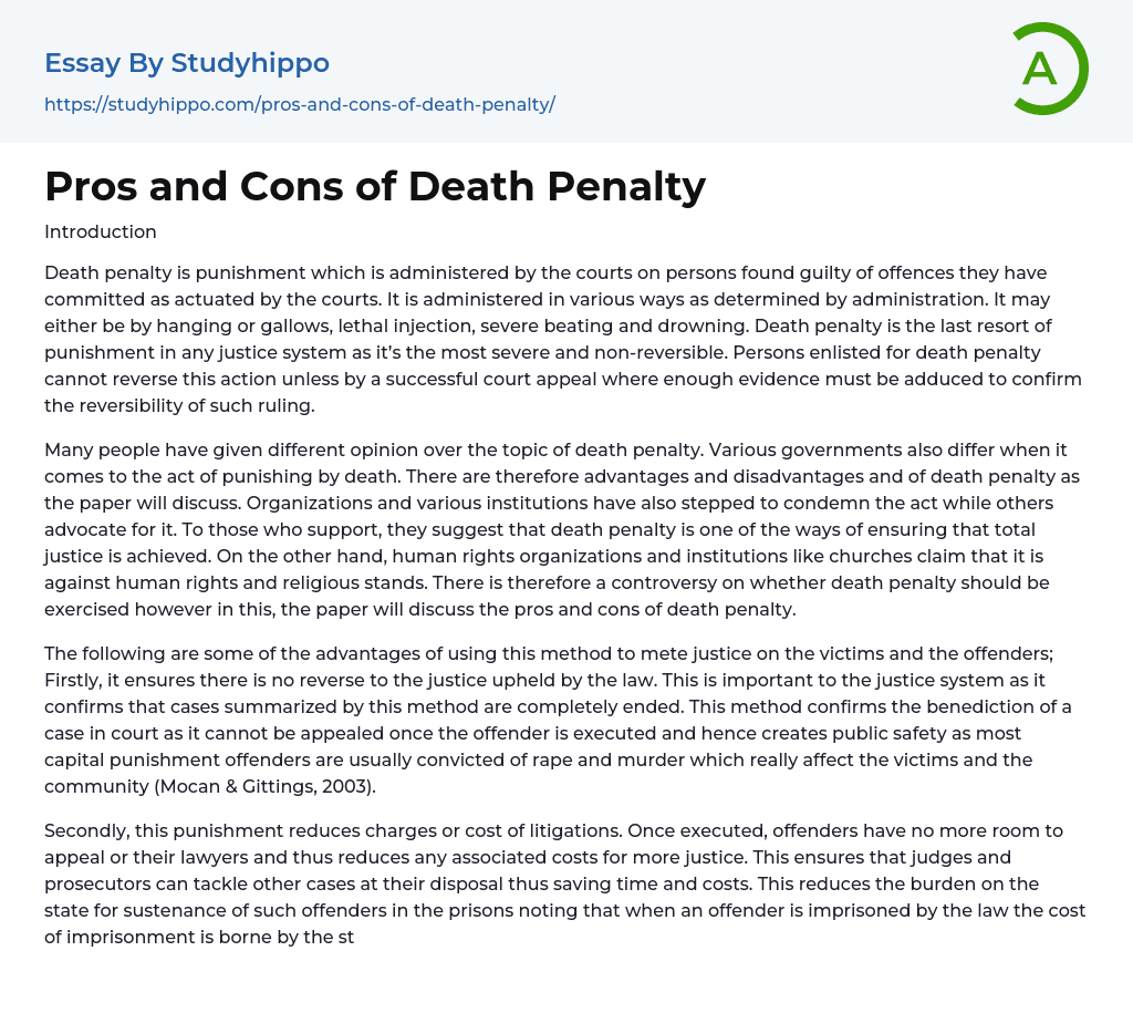 Pros and Cons of Death Penalty Essay Example