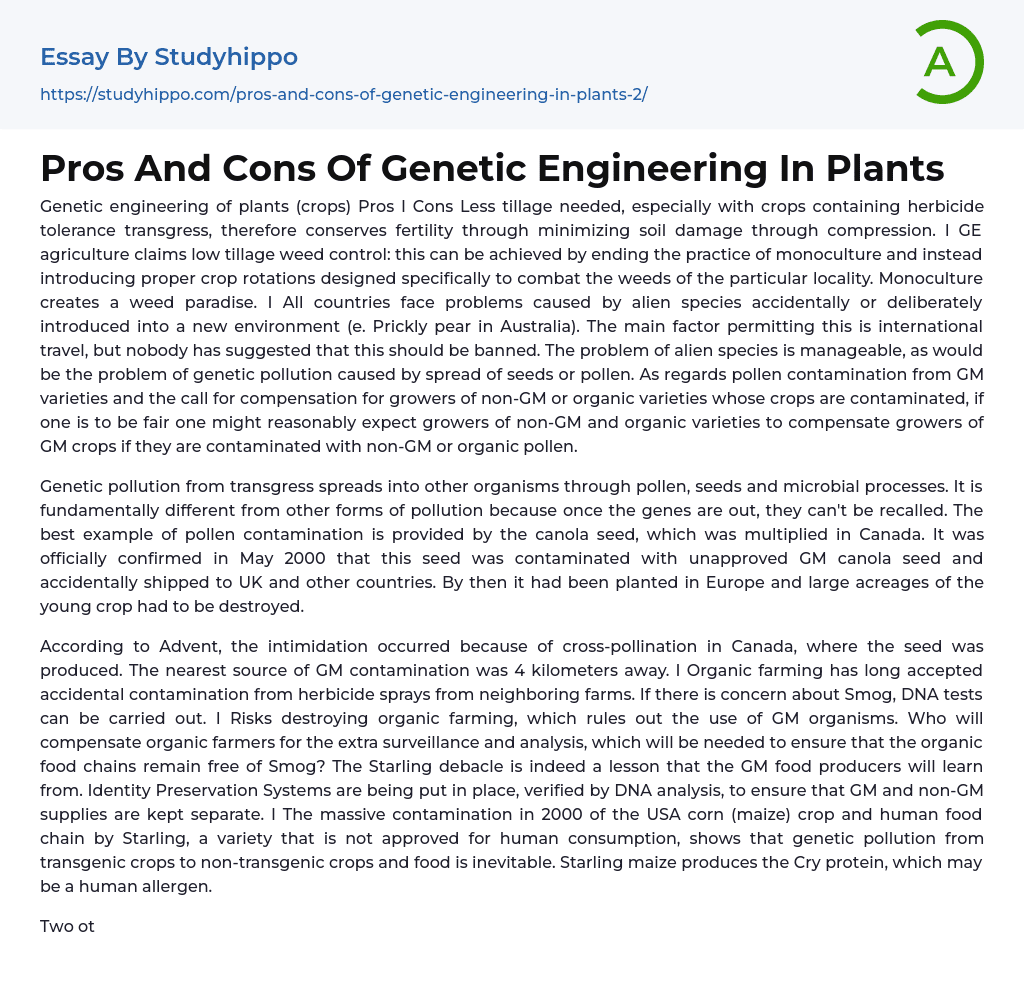 Pros And Cons Of Genetic Engineering In Plants Essay Example