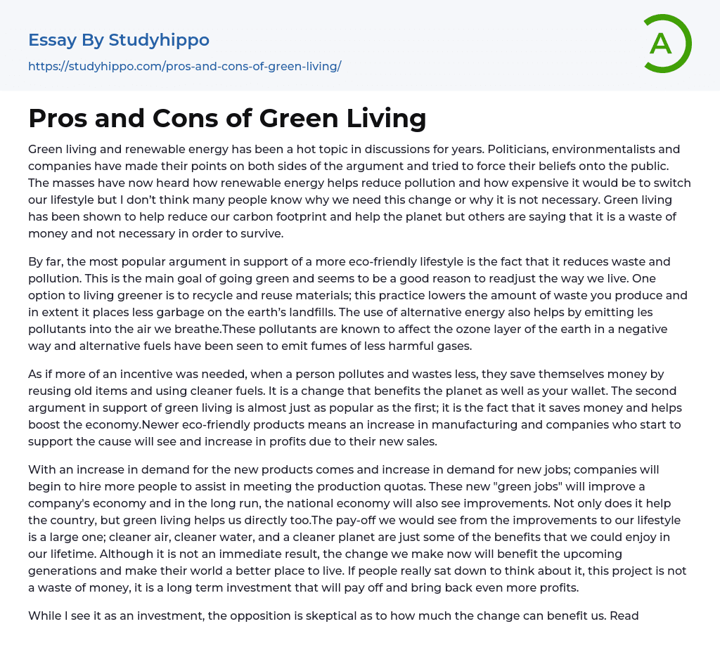 Pros and Cons of Green Living Essay Example