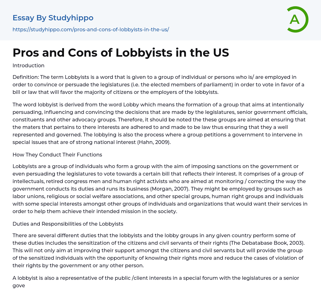 Pros and Cons of Lobbyists in the US Essay Example