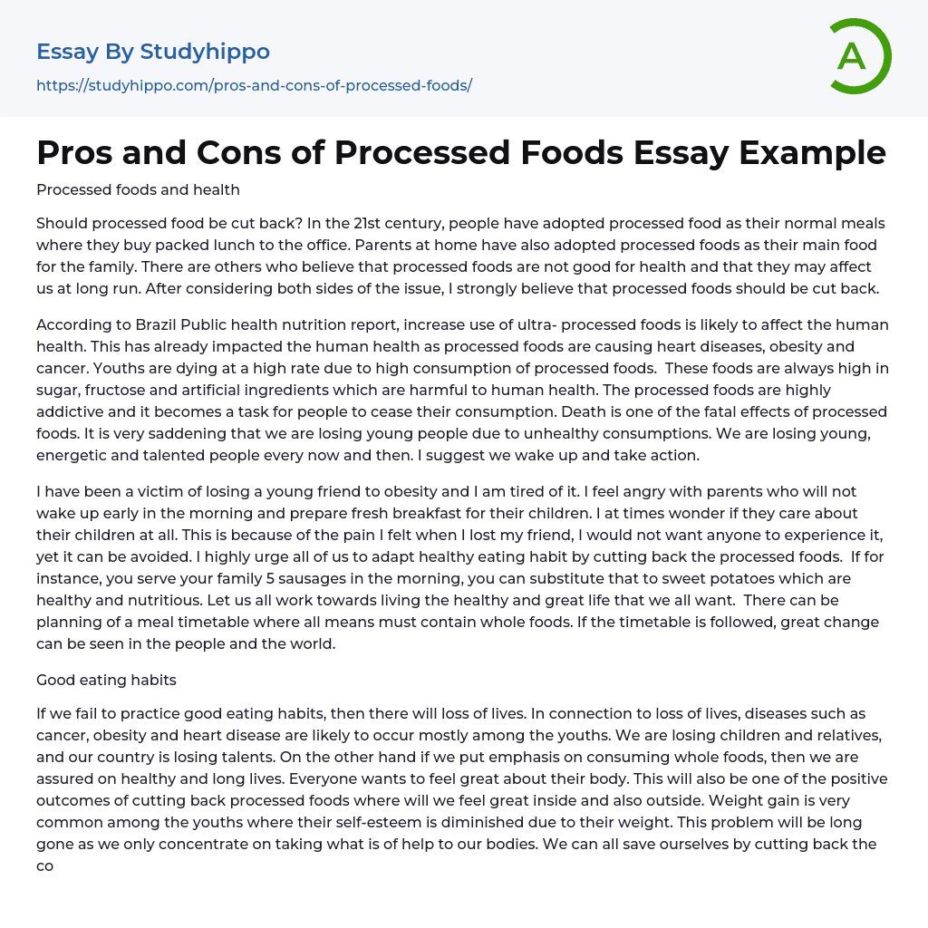 Pros and Cons of Processed Foods Essay Example