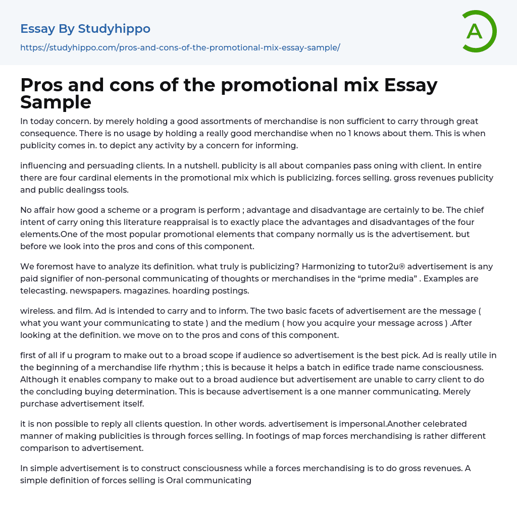 Pros and cons of the promotional mix Essay Sample