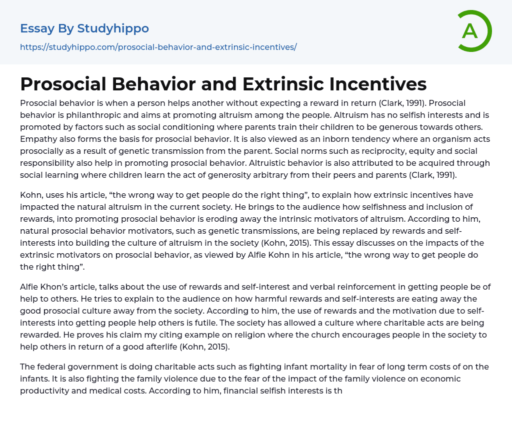 Prosocial Behavior and Extrinsic Incentives Essay Example