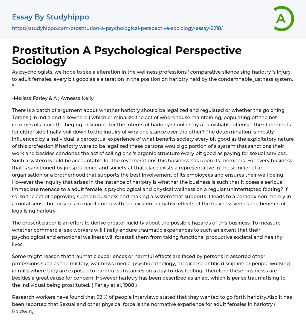 Prostitution A Psychological Perspective Sociology Essay Example