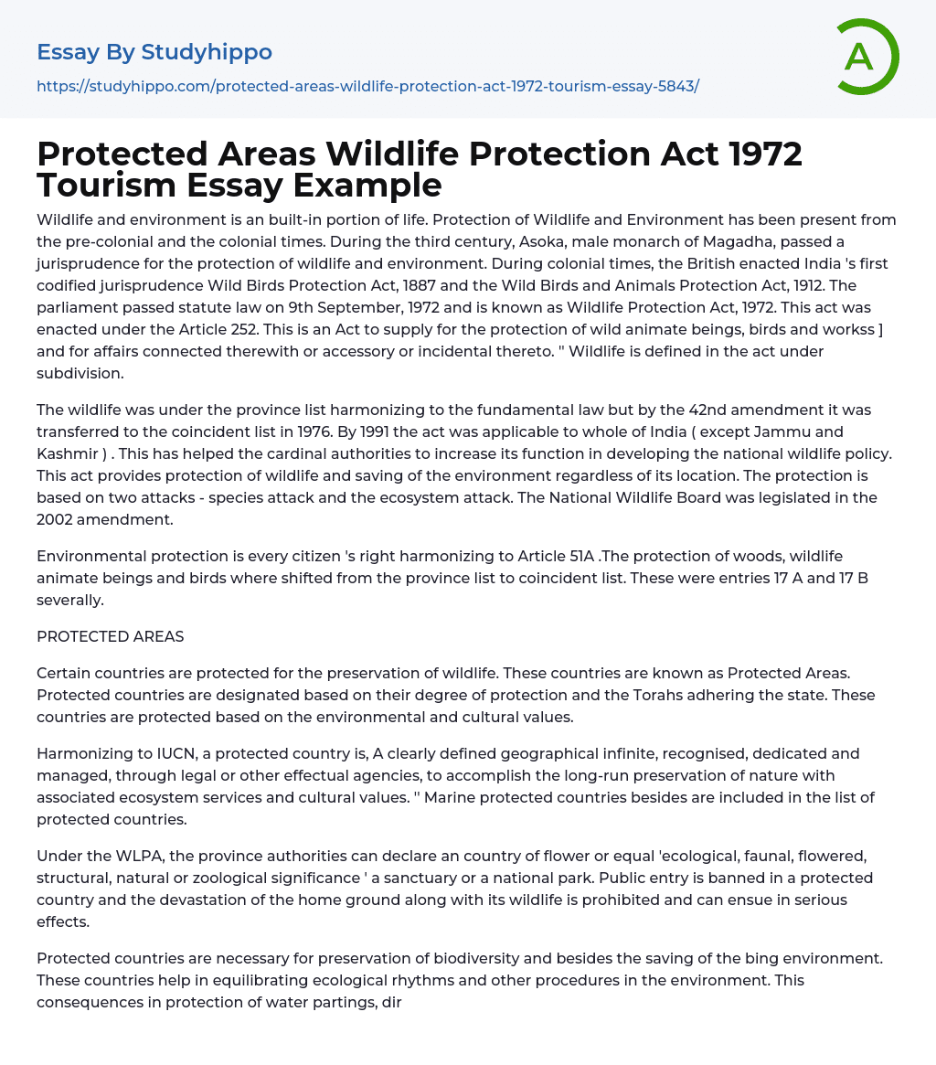 Protected Areas Wildlife Protection Act 1972 Tourism Essay Example