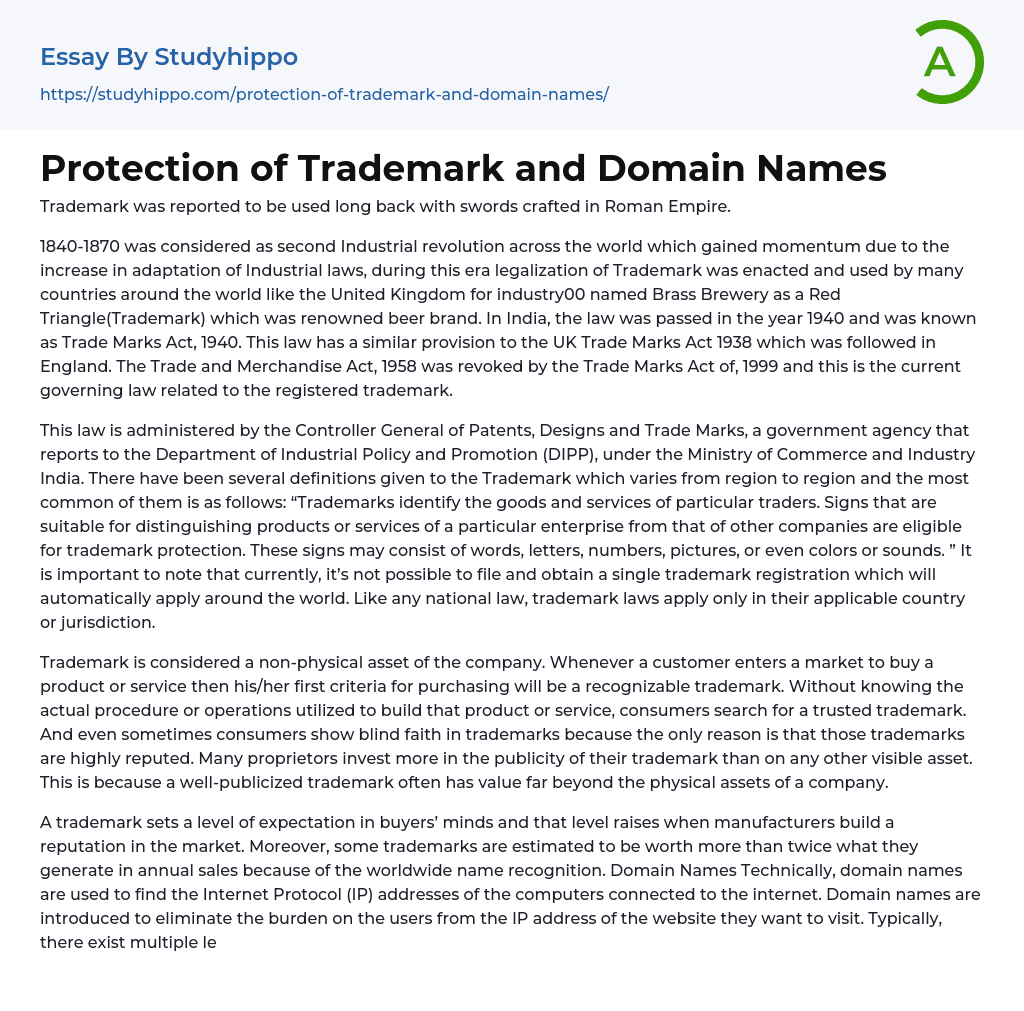 Protection of Trademark and Domain Names Essay Example