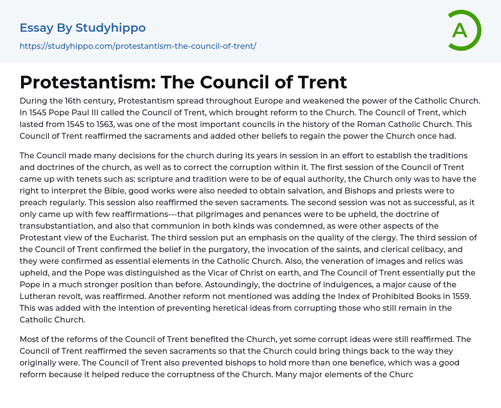 Protestantism: The Council of Trent Essay Example