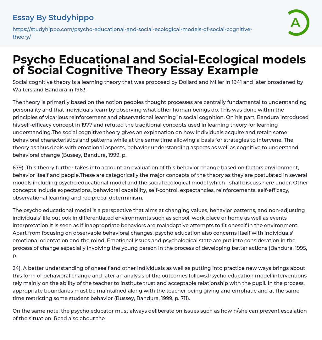 Psycho Educational and Social-Ecological models of Social Cognitive Theory Essay Example