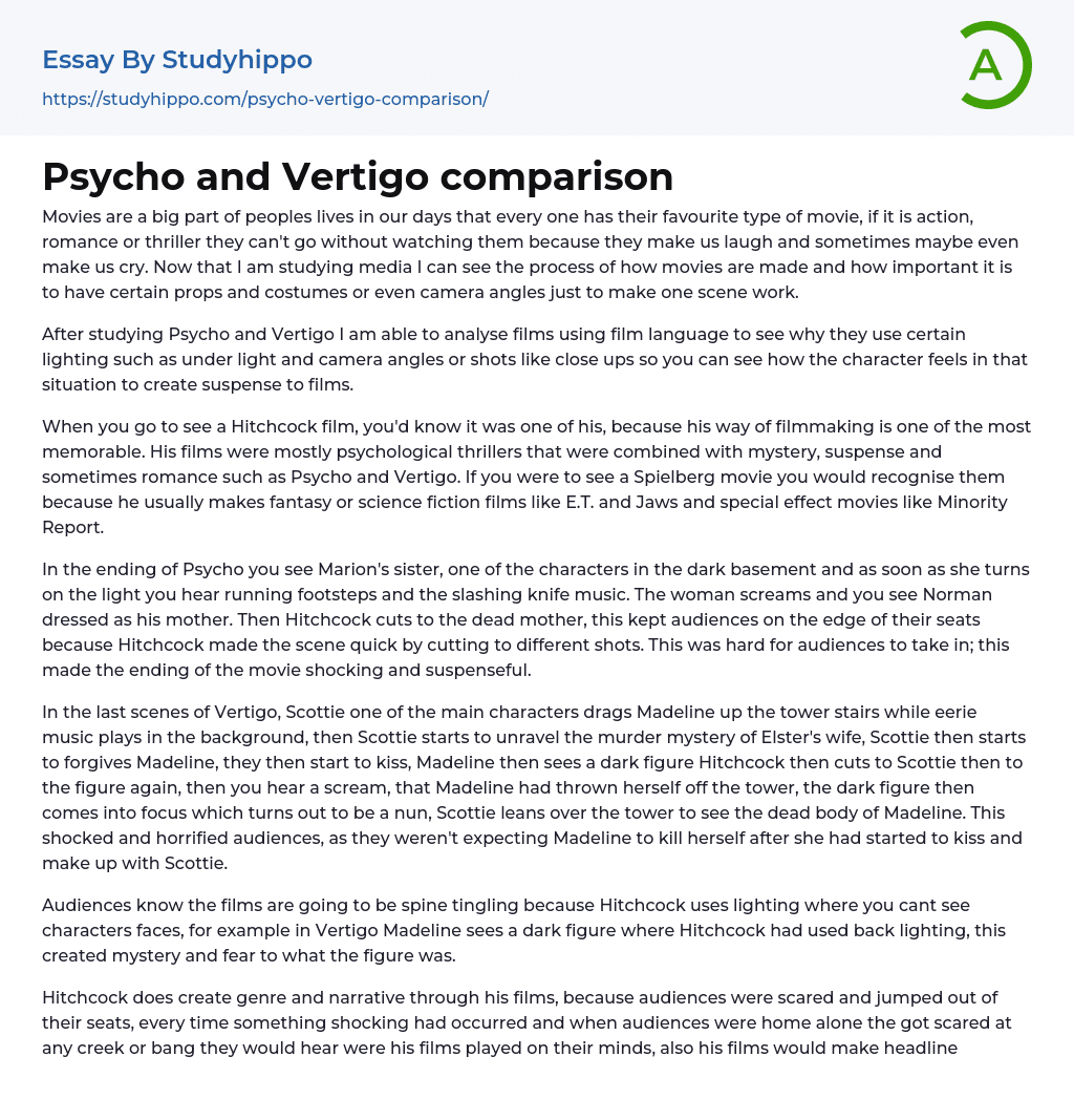 Psycho and Vertigo comparison Essay Example