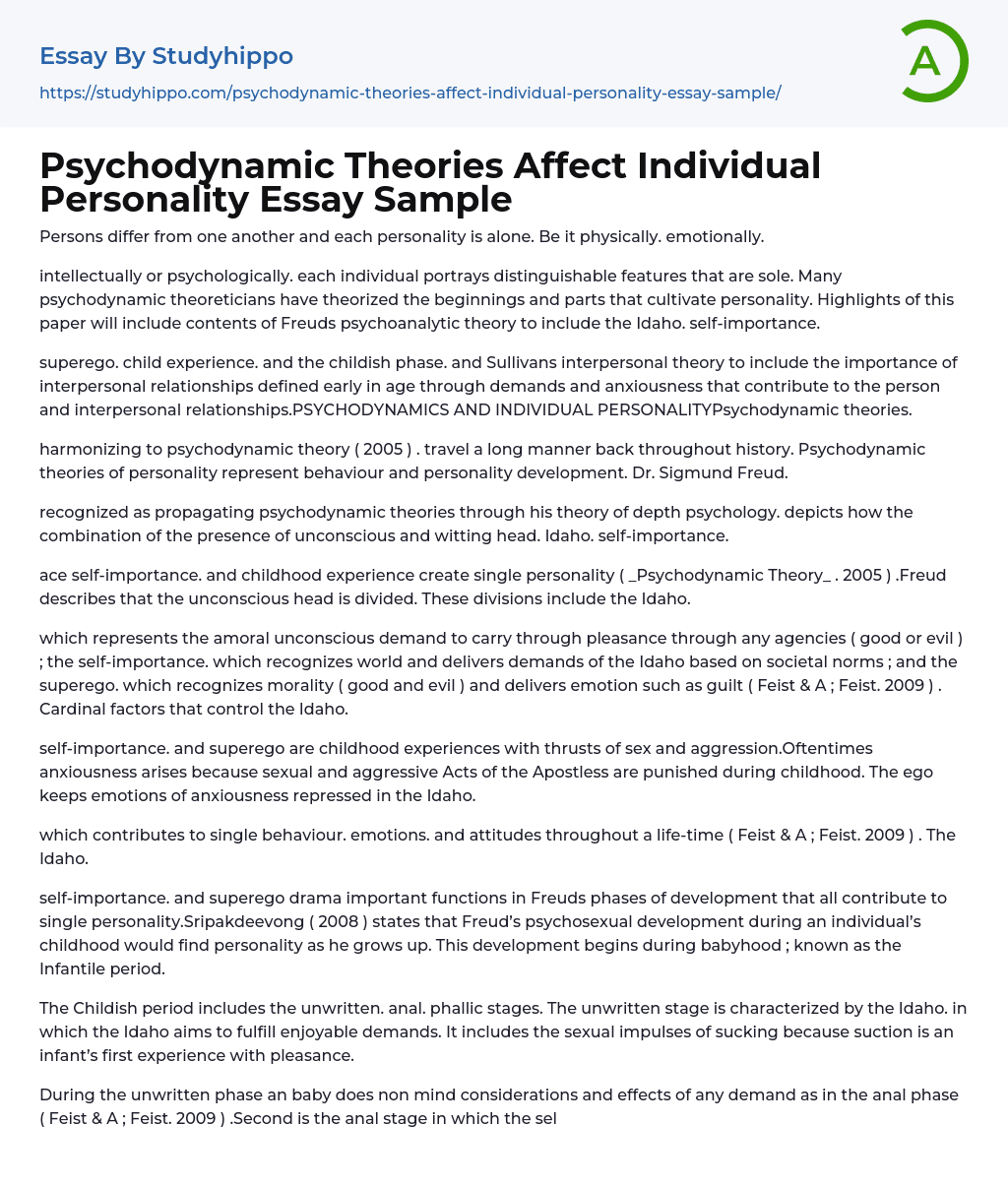 Psychodynamic Theories Affect Individual Personality Essay Sample