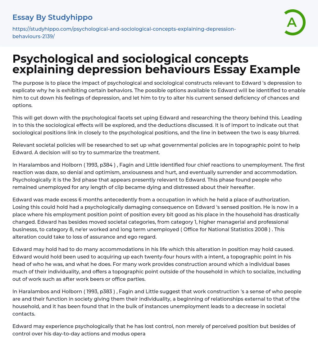 Psychological and sociological concepts explaining depression behaviours Essay Example