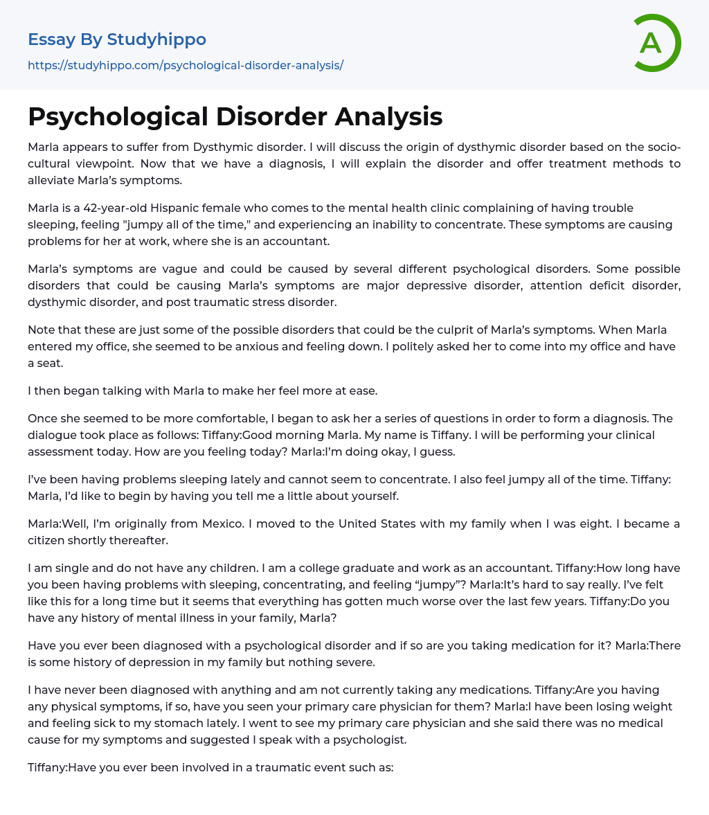 Psychological Disorder Analysis Essay Example