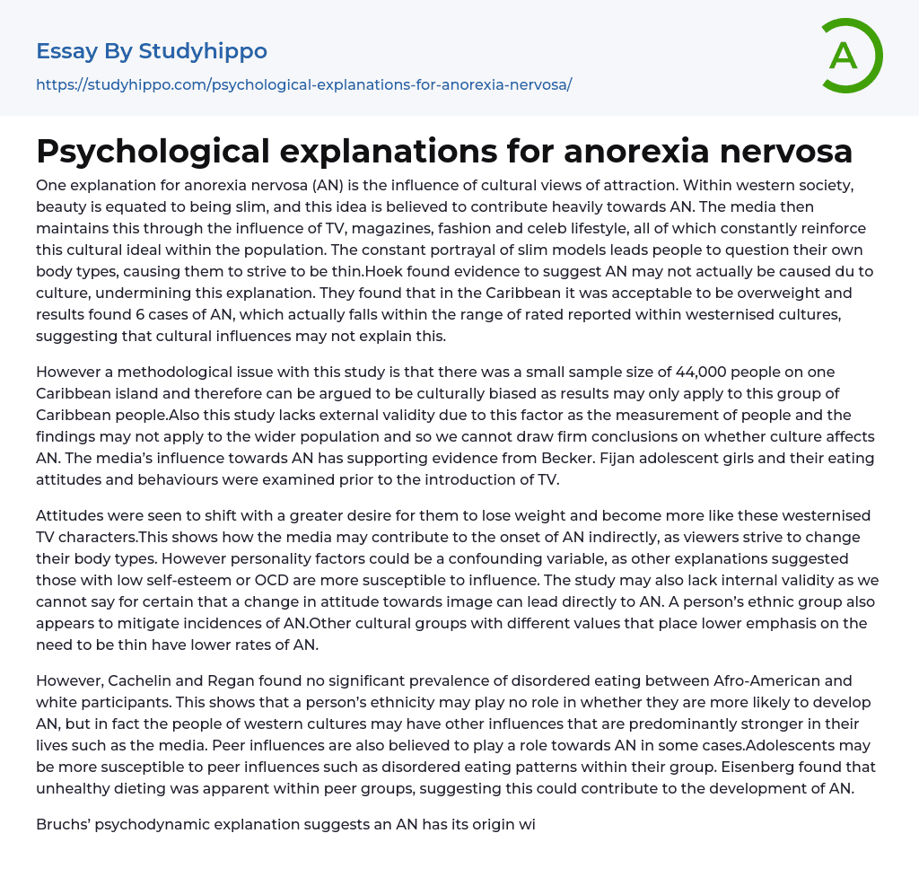 Psychological explanations for anorexia nervosa Essay Example