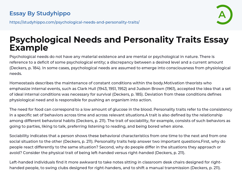 Psychological Needs and Personality Traits Essay Example