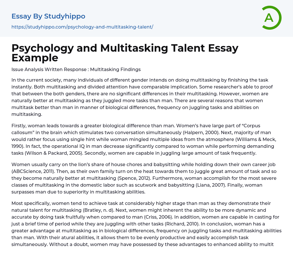 Psychology and Multitasking Talent Essay Example