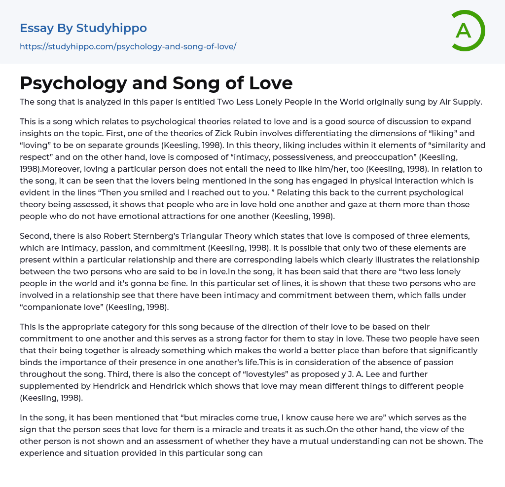 Psychology and Song of Love Essay Example