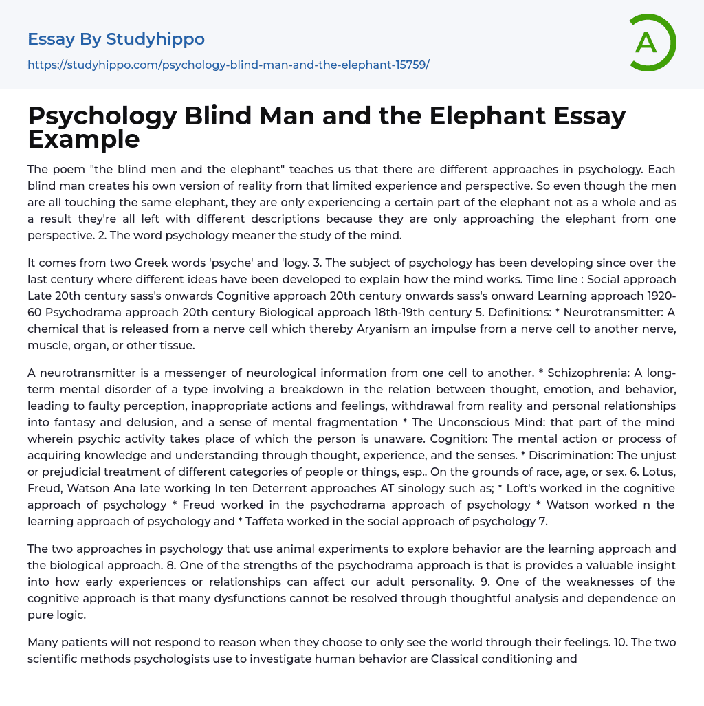 Psychology Blind Man and the Elephant Essay Example