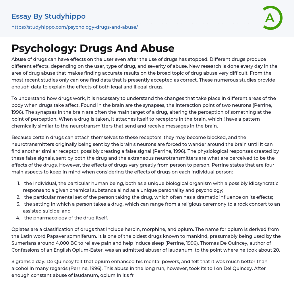 Psychology: Drugs And Abuse Essay Example