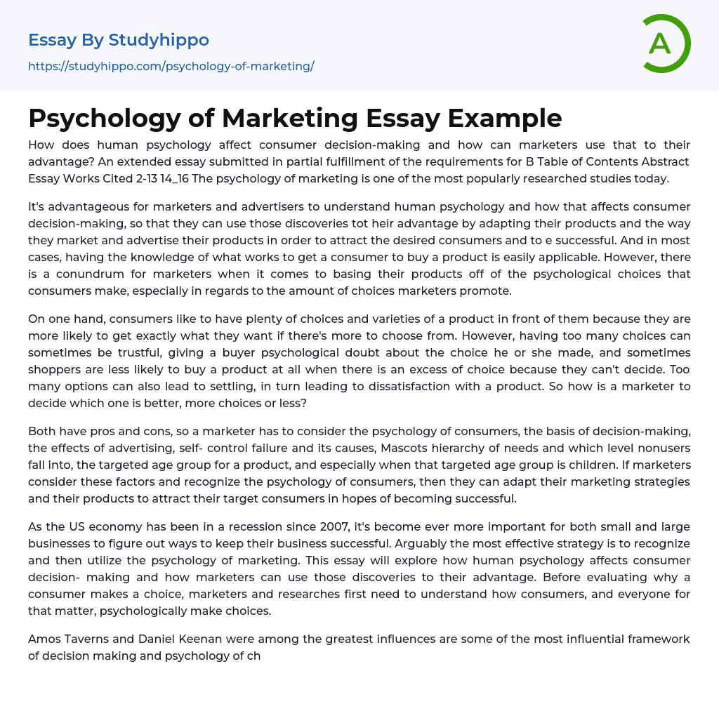 Psychology of Marketing Essay Example