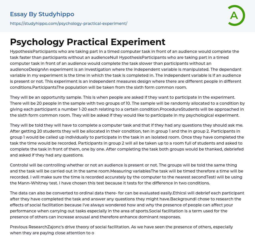 Psychology Practical Experiment Essay Example