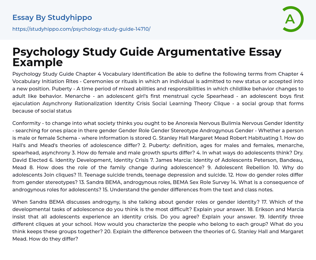 Psychology Study Guide Argumentative Essay Example