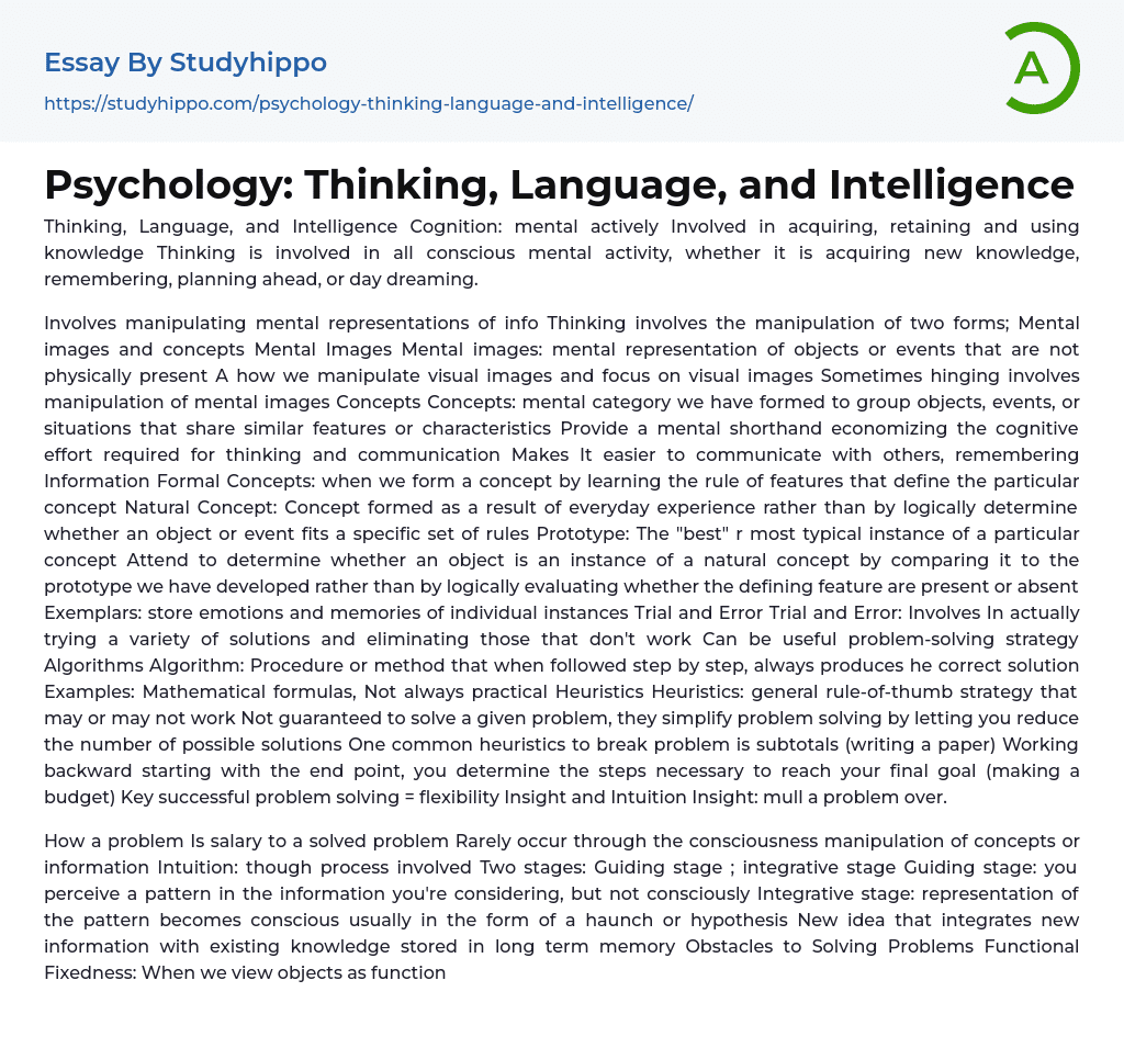 Psychology: Thinking, Language, and Intelligence Essay Example