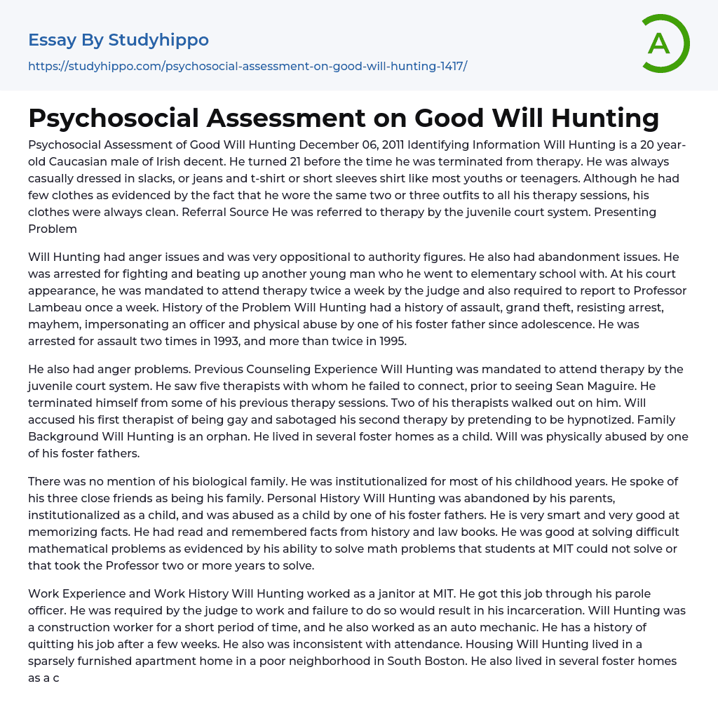 Psychosocial Assessment on Good Will Hunting Essay Example