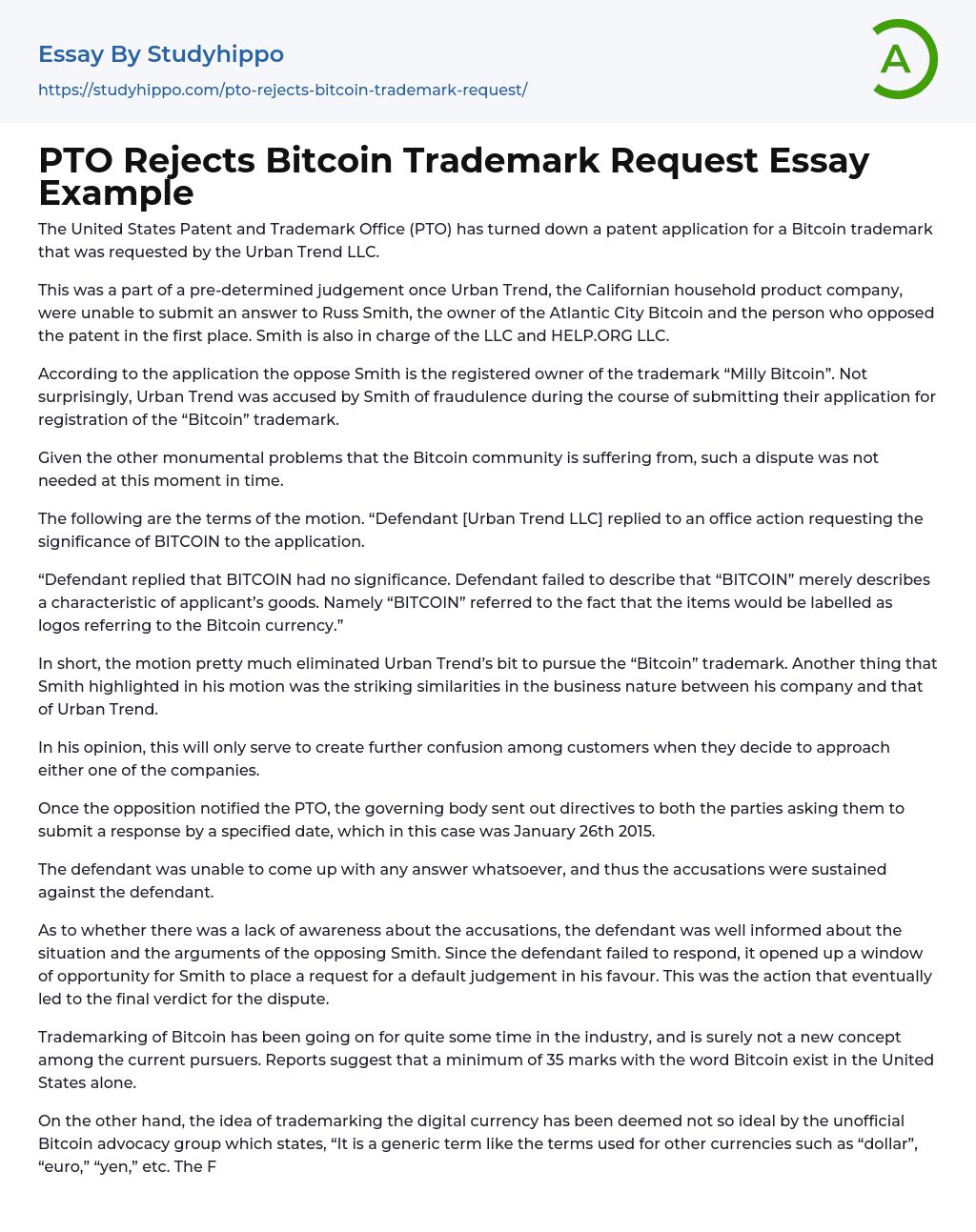 PTO Rejects Bitcoin Trademark Request Essay Example