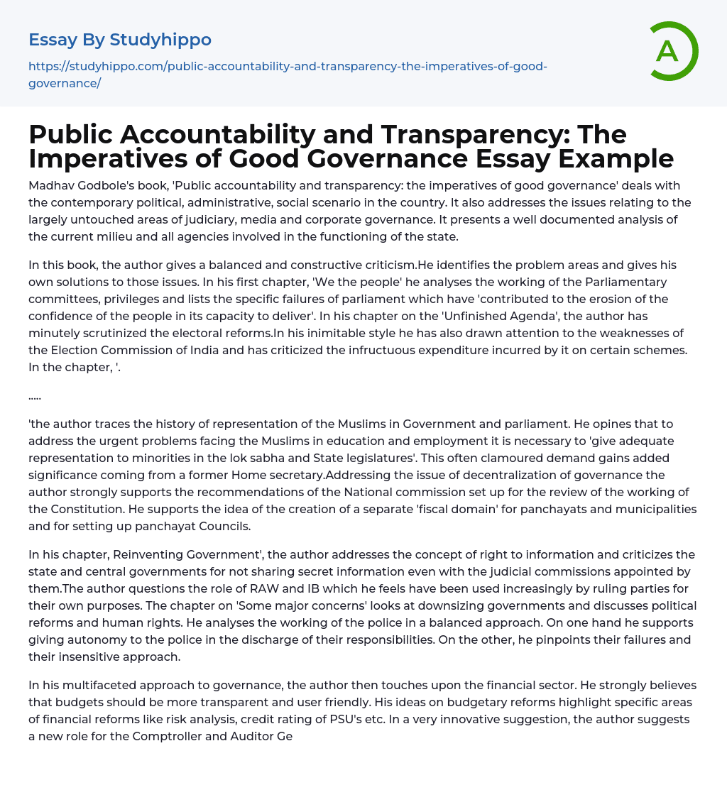 Public Accountability and Transparency: The Imperatives of Good Governance Essay Example