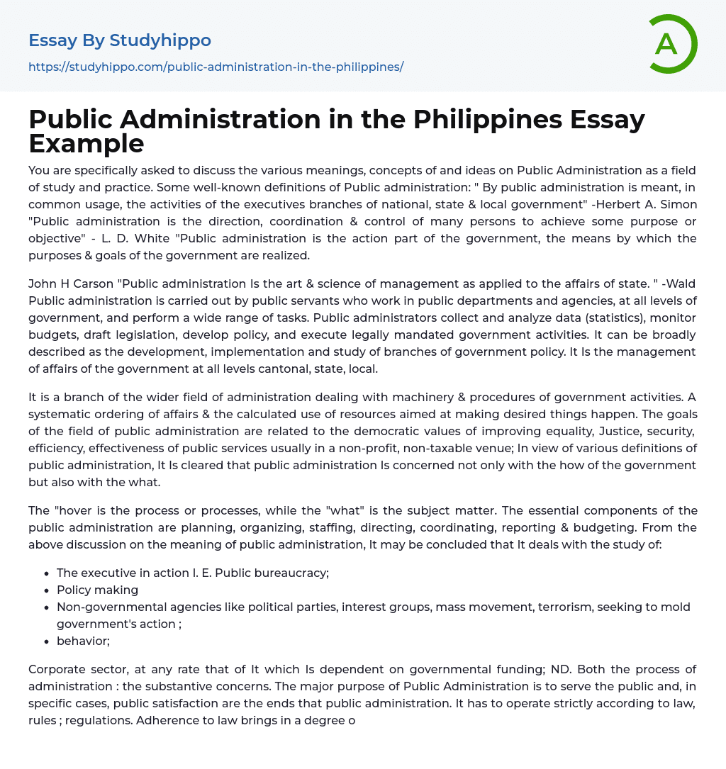 Public Administration in the Philippines Essay Example
