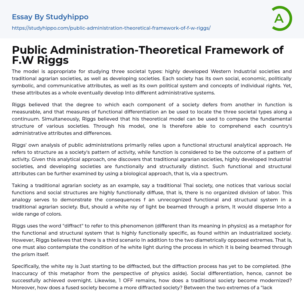 Public Administration-Theoretical Framework of F.W Riggs Essay Example