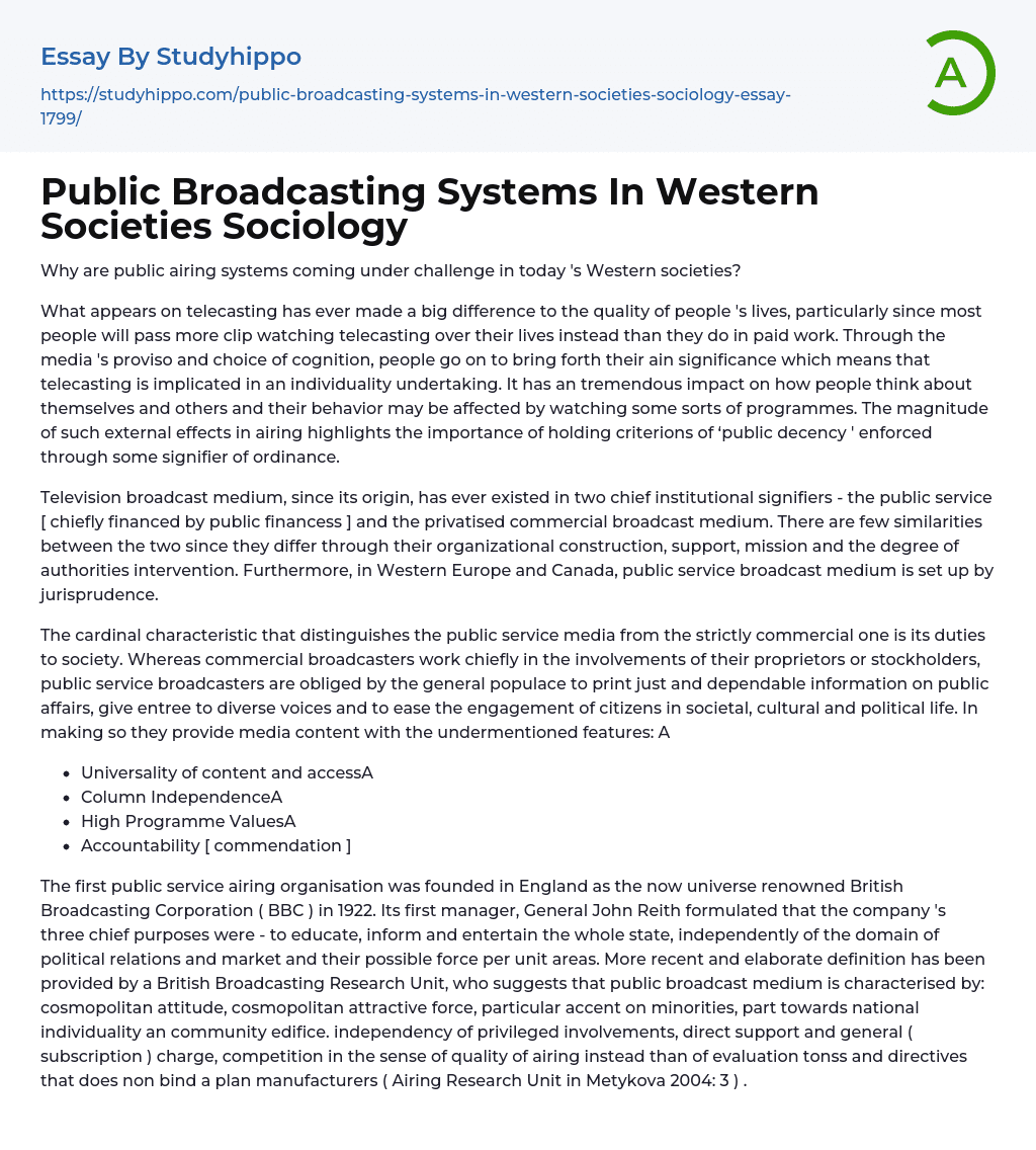 Public Broadcasting Systems In Western Societies Sociology Essay Example