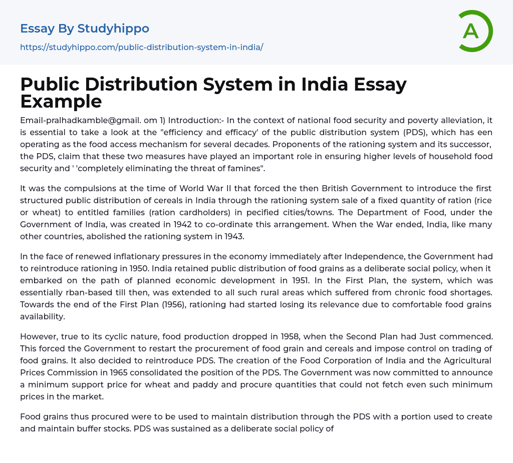 Public Distribution System in India Essay Example