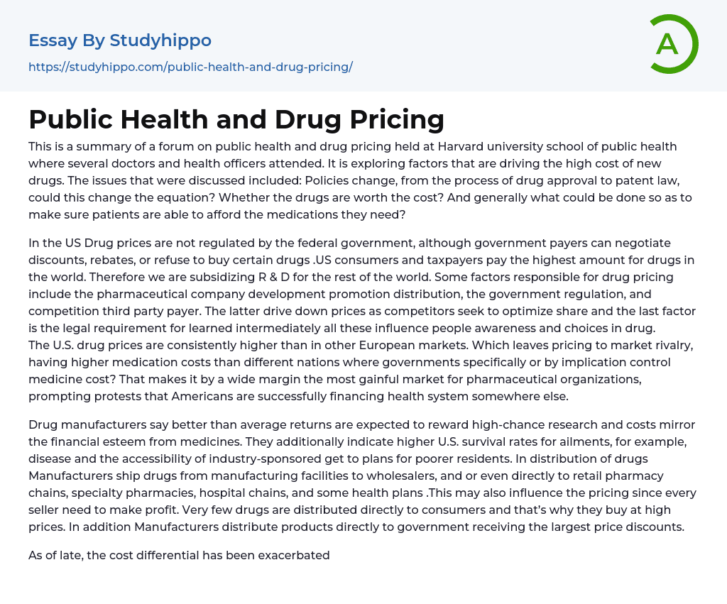 Public Health and Drug Pricing Essay Example