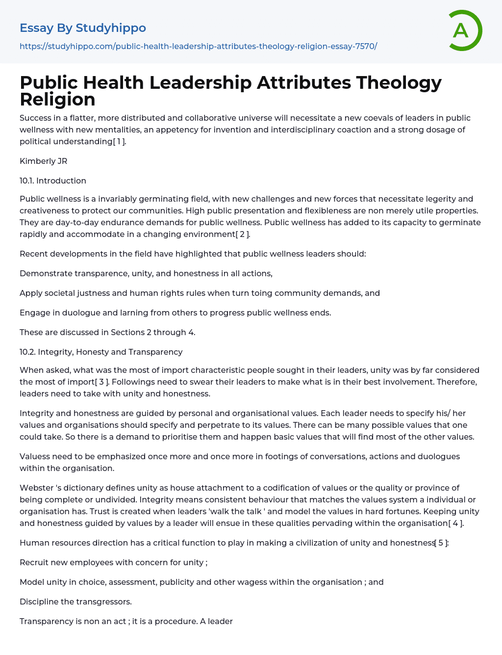 Public Health Leadership Attributes Theology Religion Essay Example