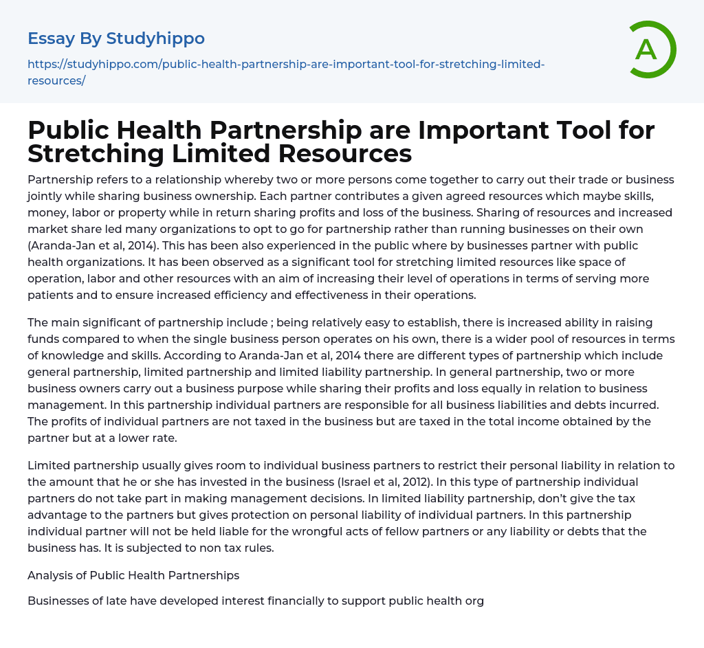 Public Health Partnership are Important Tool for Stretching Limited Resources Essay Example