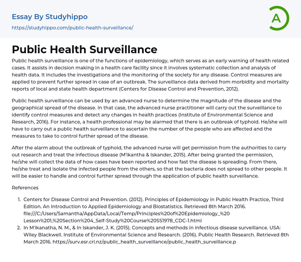 Public Health Surveillance Essay Example