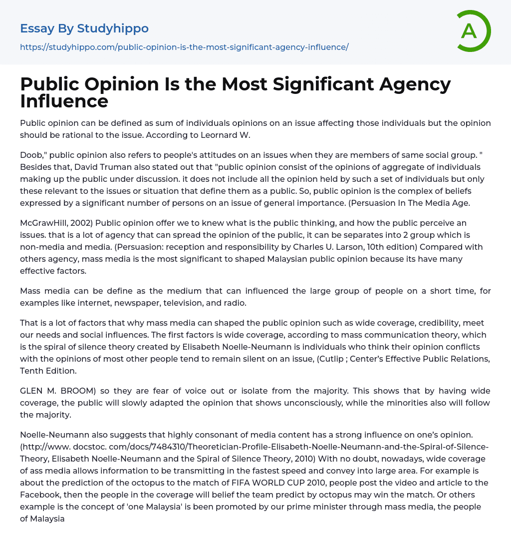 Public Opinion Is the Most Significant Agency Influence Essay Example